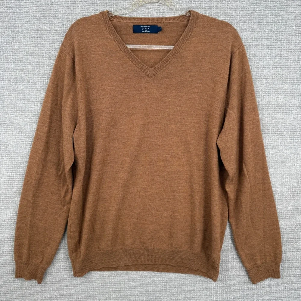 J. Crew Men's Brown V-Neck 100% Merino Wool Sweater Size‎ L